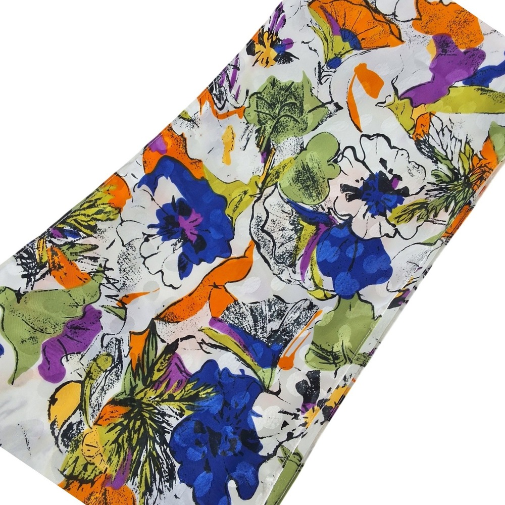 Vibrant Floral Oblong Scarf Multicolor Painterly Print Polka Dot Jacquard 52x8